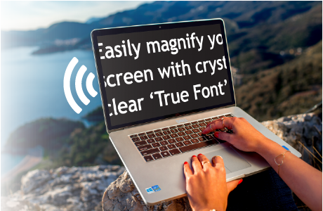 Laptop with magnified text on screen with a speech graphic